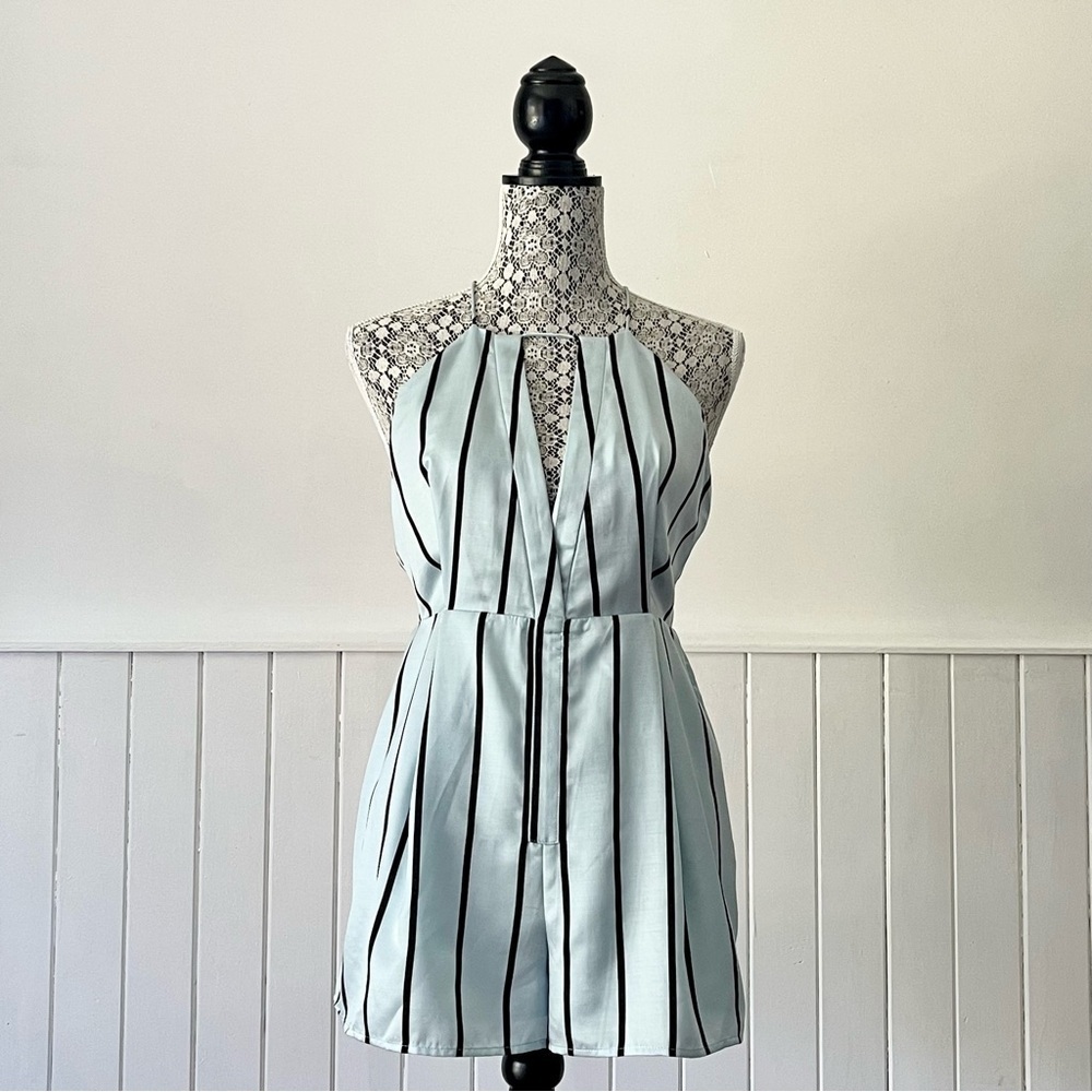 Finders Keepers Ice Blue & Black Striped Satin Sleeveless Playsuit Romper Size M